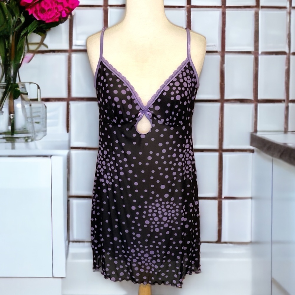 Secret Treasures Semi Sheer Black and Lavender Polka Dot Chemise Size M